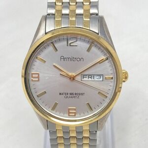 Armitron Mens Watch 35mm Silver Gold Tone Day Date Stretch Band New Battery 7"
